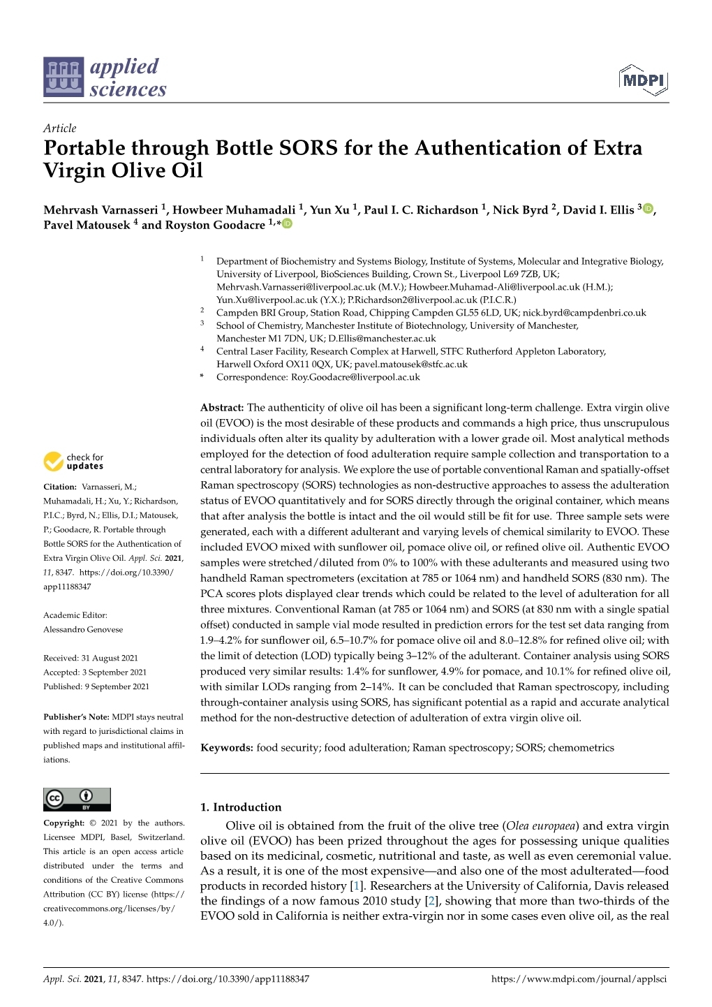 Portable Through Bottle SORS for the Authentication of Extra Virgin Olive Oil