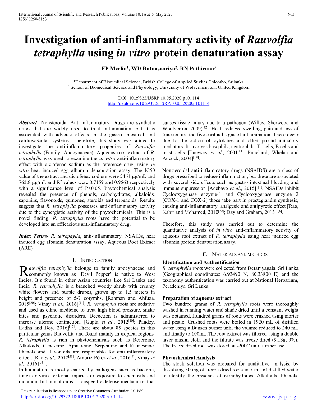 Investigation of Anti-Inflammatory Activity of Rauvolfia Tetraphylla Using in Vitro Protein Denaturation Assay