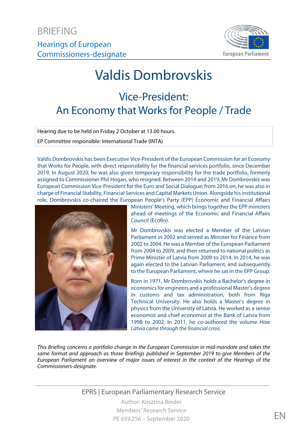 Valdis Dombrovskis Vice-President: an Economy That Works for People / Trade