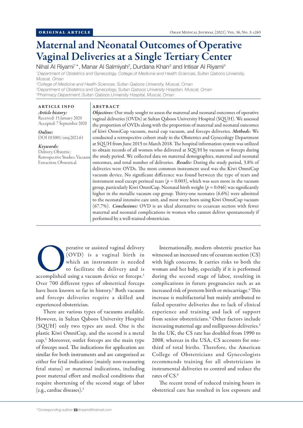 Maternal and Neonatal Outcomes of Operative