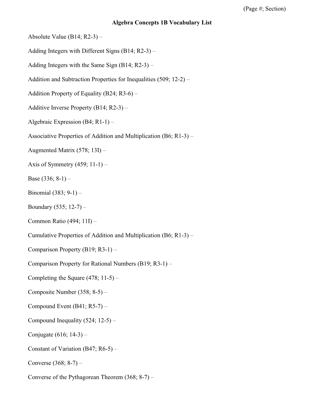 Algebra Concepts 1B Vocabulary List