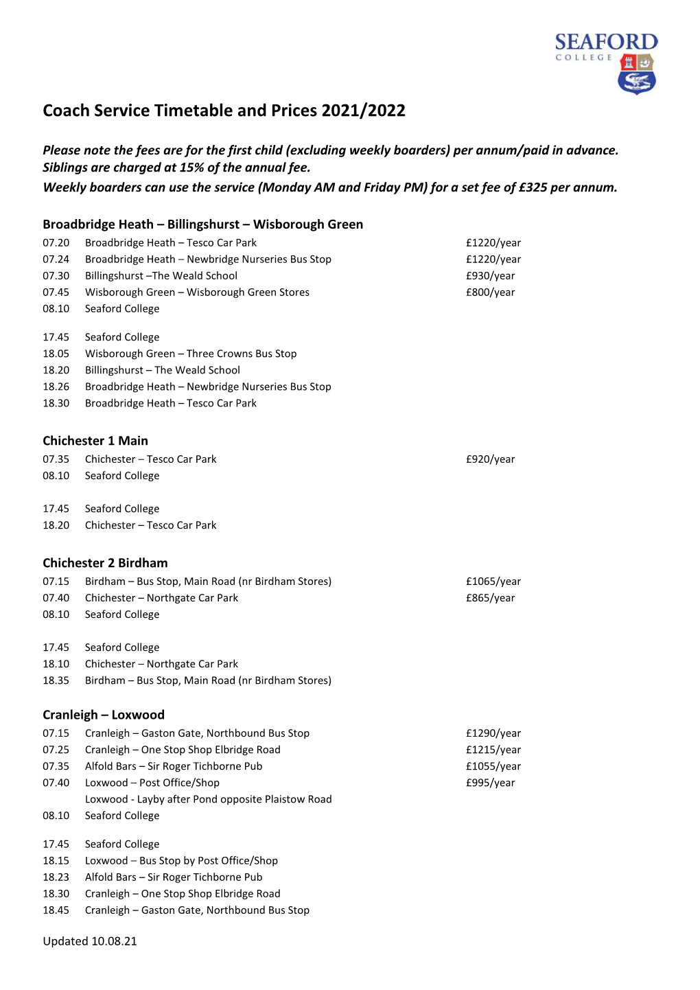 Coach Service Timetable and Prices 2021/2022