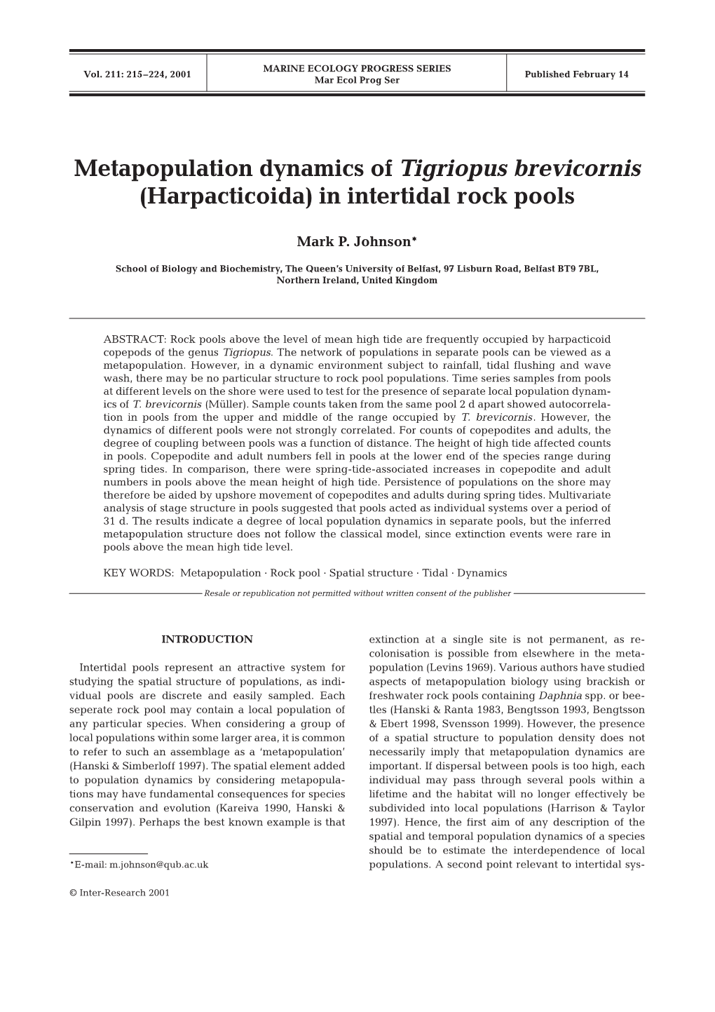 Metapopulation Dynamics of Tigriopus Brevicornis (Harpacticoida) in Intertidal Rock Pools