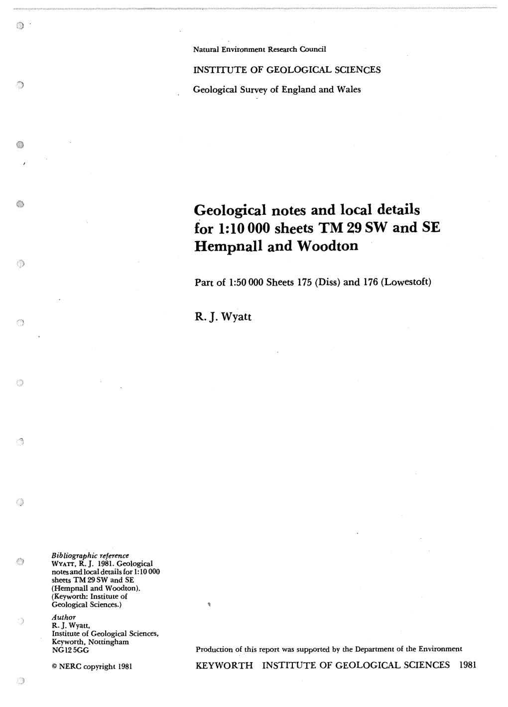 Geological Notes and Local Details for 1:Lo 000 Sheets TM 29 SW and SE Hempnall and Woodton