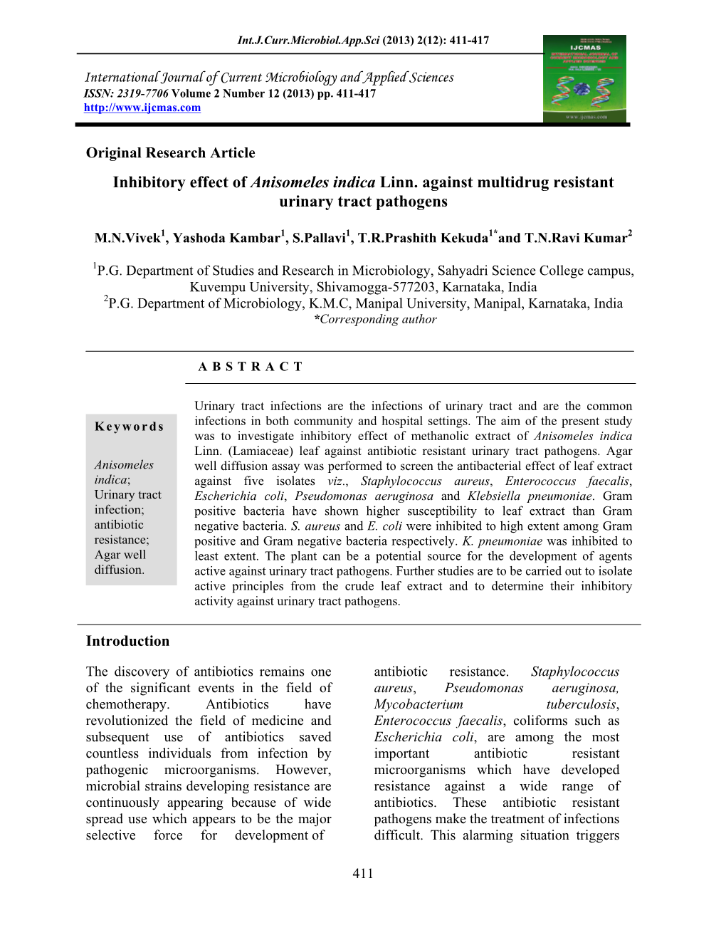 Inhibitory Effect of Anisomeles Indica Linn. Against Multidrug Resistant Urinary Tract Pathogens