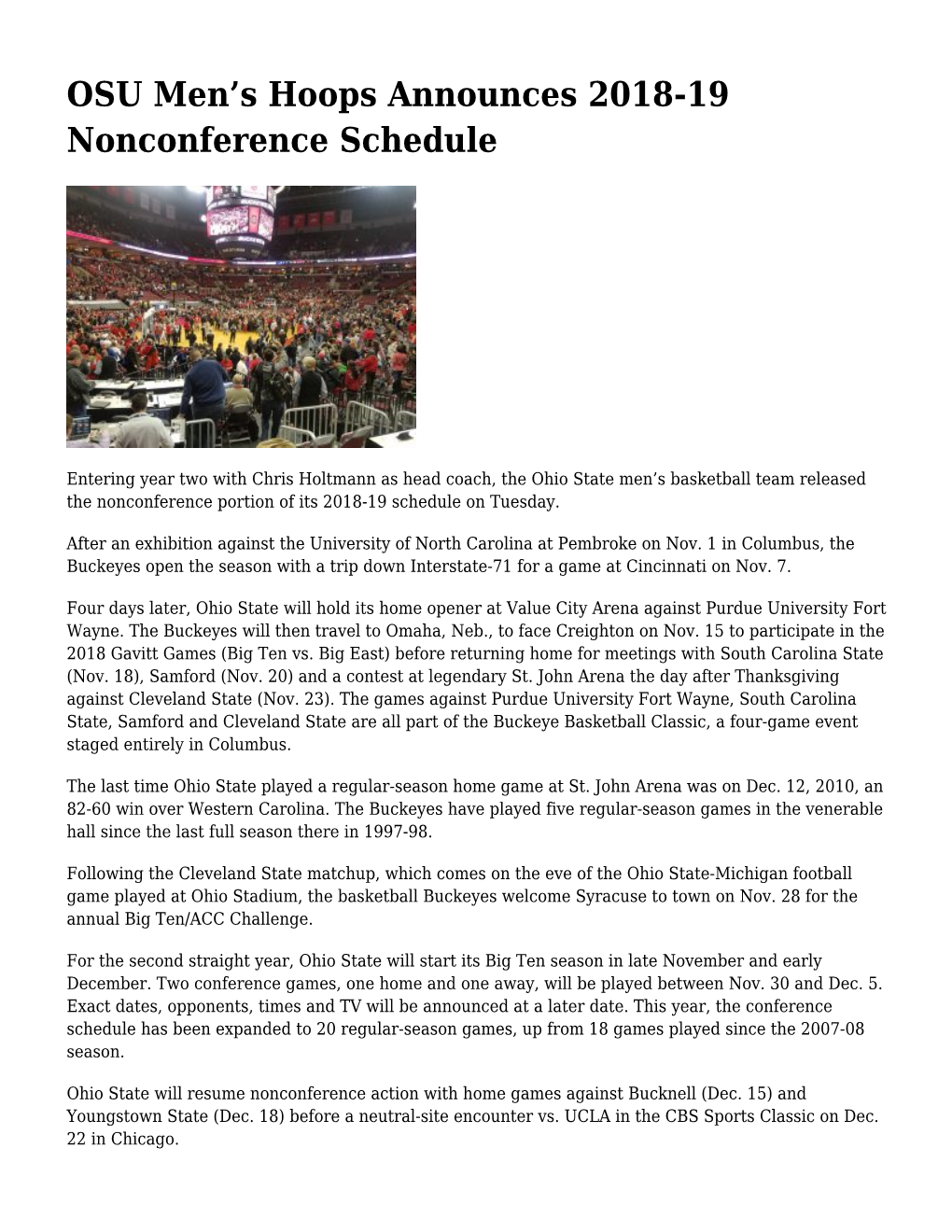 OSU Men&#8217;S Hoops Announces 2018-19 Nonconference
