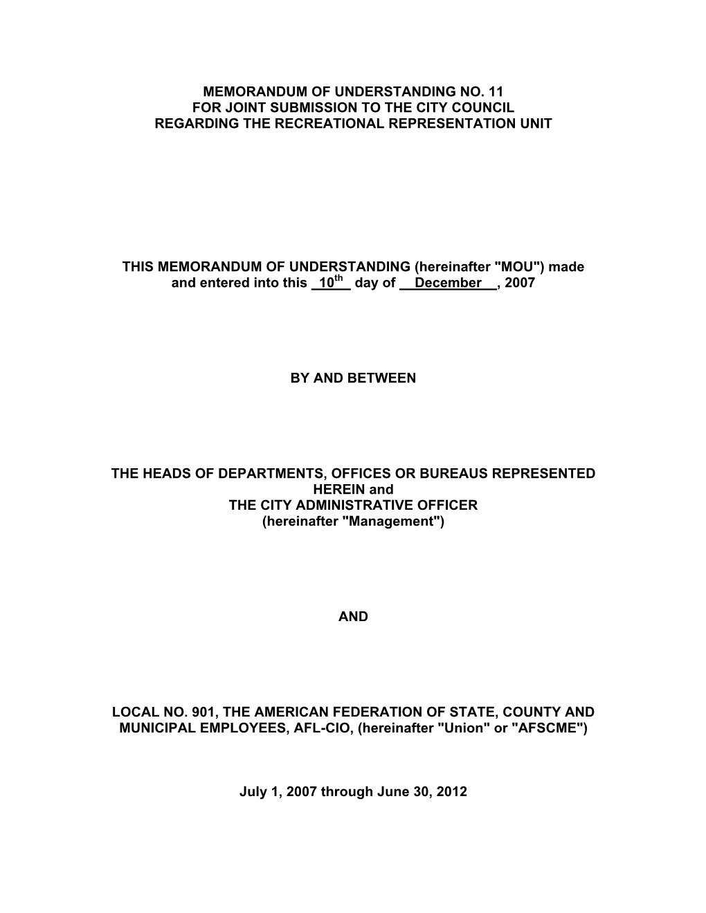 Memorandum of Understanding No. 11 for Joint Submission to the City Council Regarding the Recreational Representation Unit