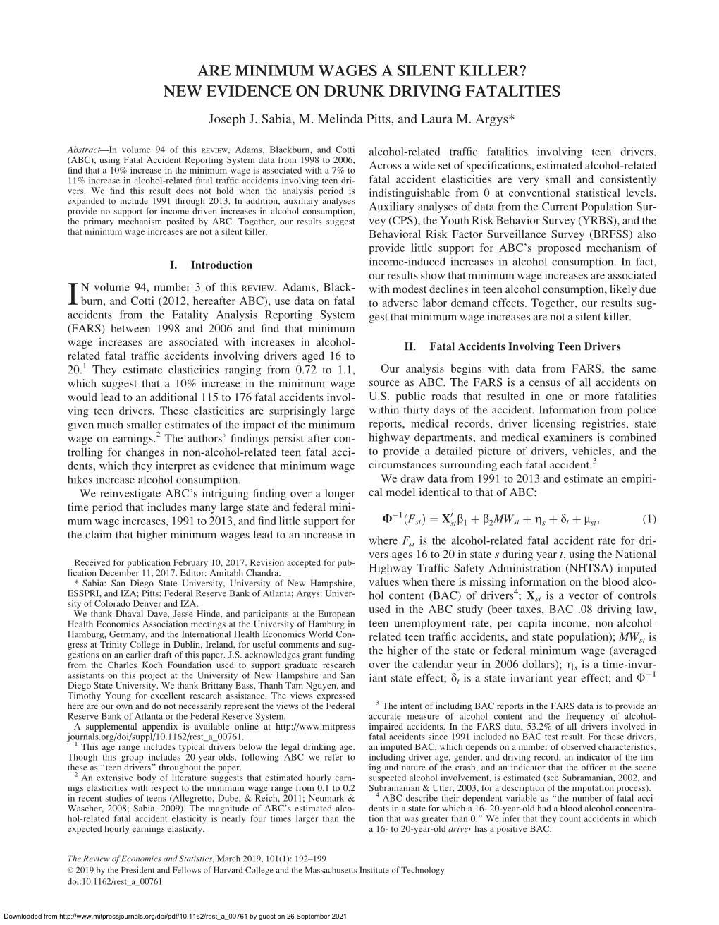 ARE MINIMUM WAGES a SILENT KILLER? NEW EVIDENCE on DRUNK DRIVING FATALITIES Joseph J