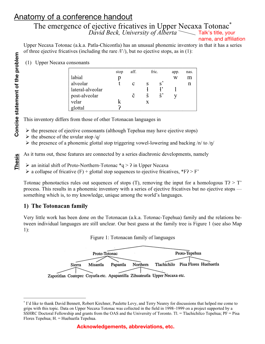 The Emergence of Ejective Fricatives in Upper Necaxa Totonac* Anatomy of a Conference Handout