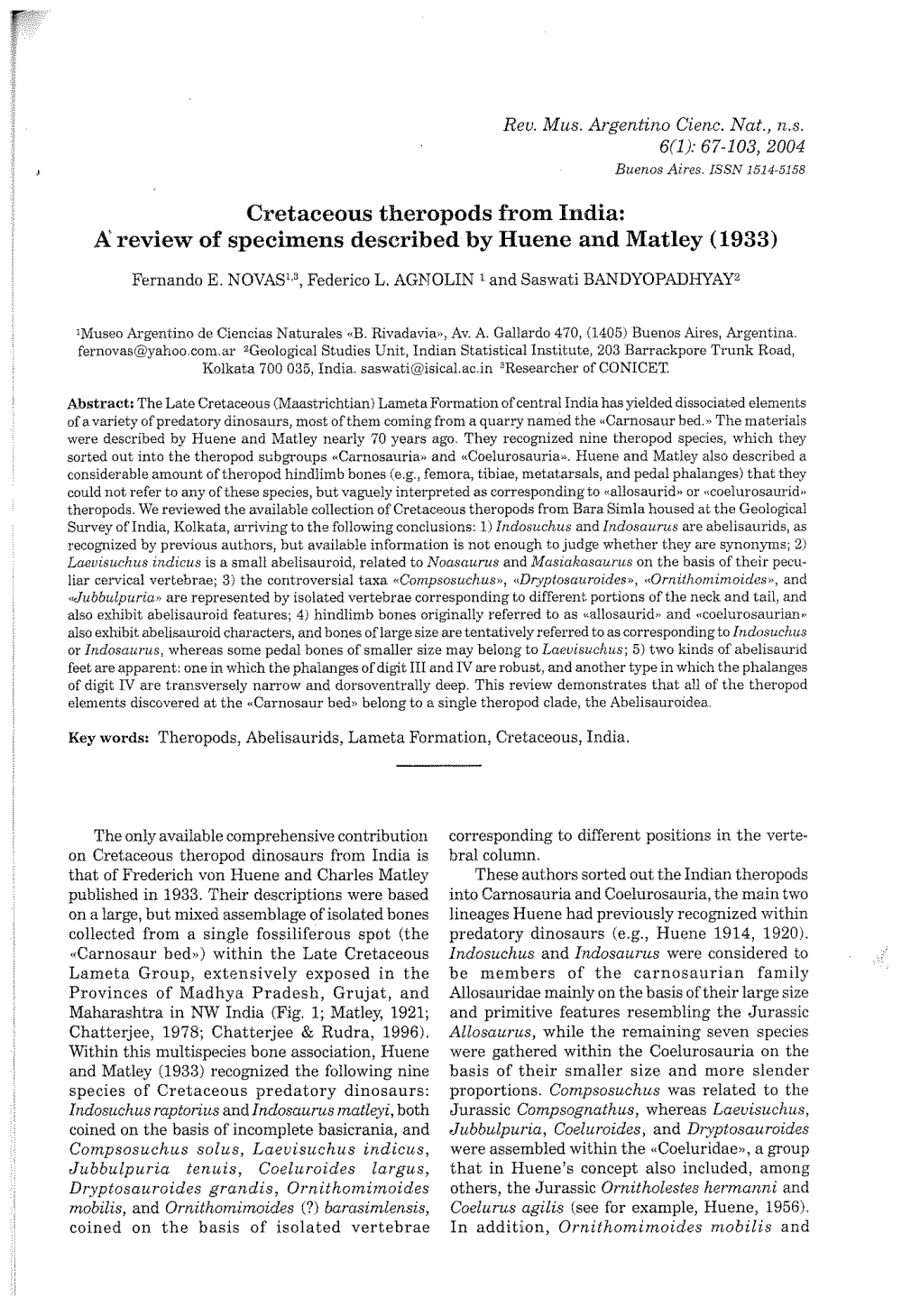 Cretaceous Theropods from India: a Review of Specimens Described by Huene and Matley (1933)