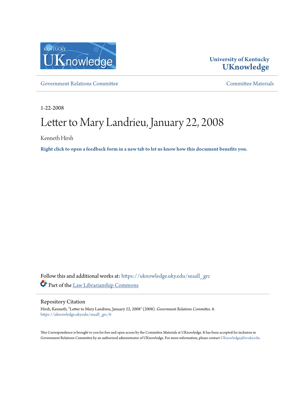 Letter to Mary Landrieu, January 22, 2008 Kenneth Hirsh Right Click to Open a Feedback Form in a New Tab to Let Us Know How This Document Benefits Oy U