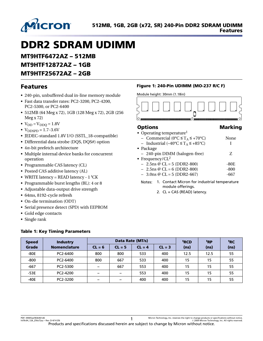 512MB, 1GB, 2GB (X72, SR) 240-Pin DDR2 SDRAM UDIMM Features DDR2 SDRAM UDIMM MT9HTF6472AZ – 512MB MT9HTF12872AZ – 1GB MT9HTF25672AZ – 2GB