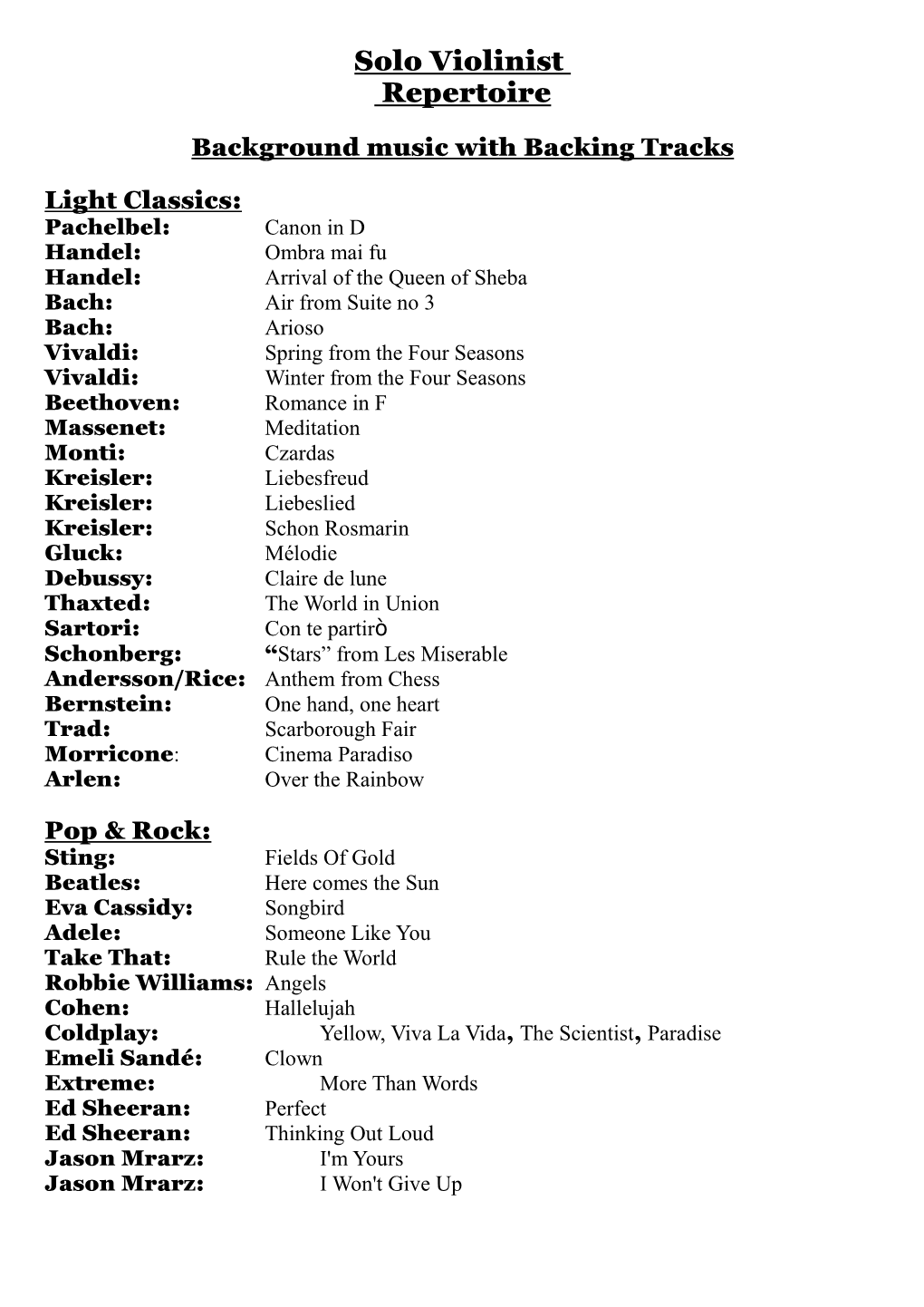 Solo Violinist Repertoire