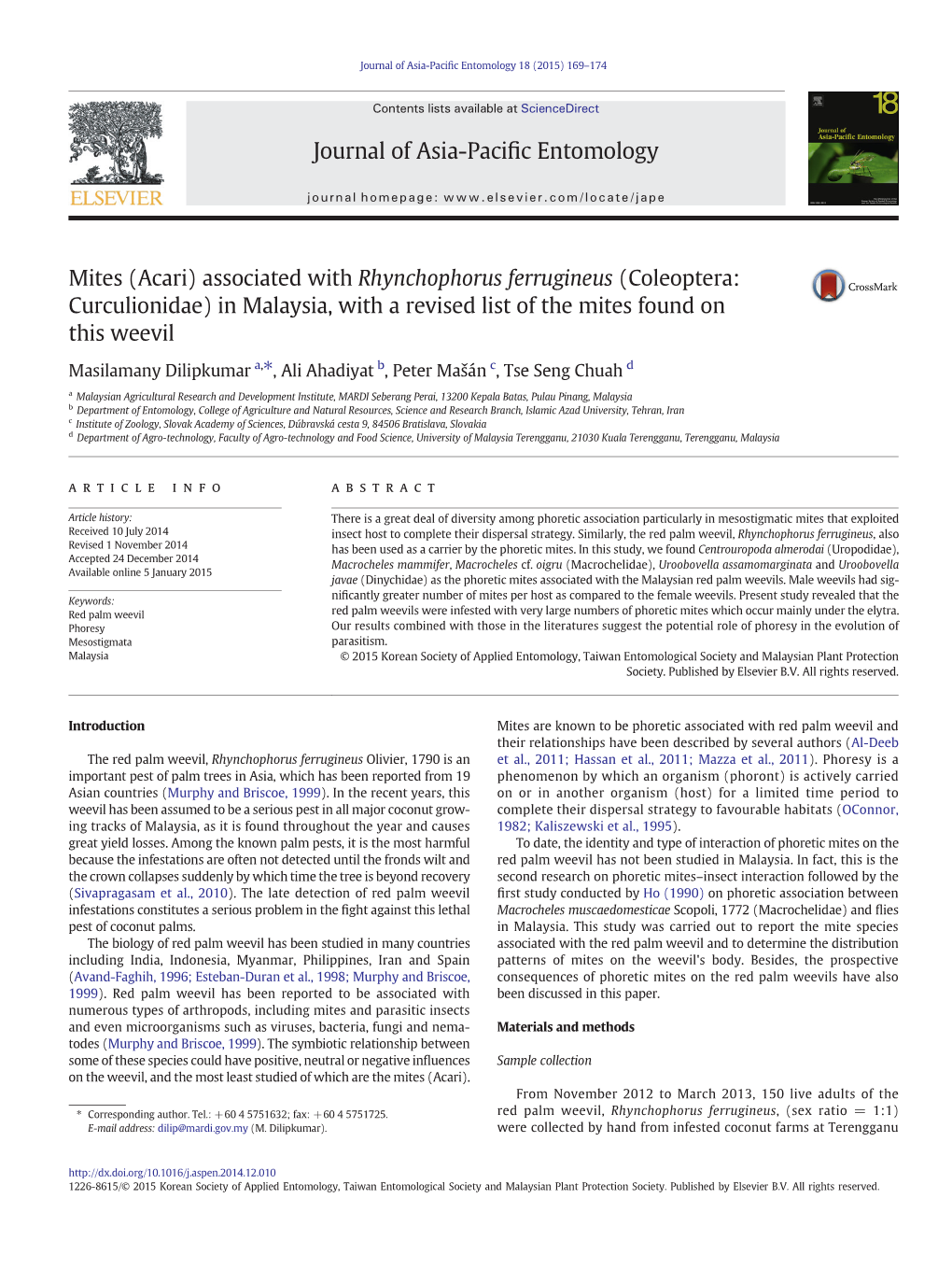 Mites (Acari) Associated with Rhynchophorus Ferrugineus (Coleoptera: Curculionidae) in Malaysia, with a Revised List of the Mites Found on This Weevil