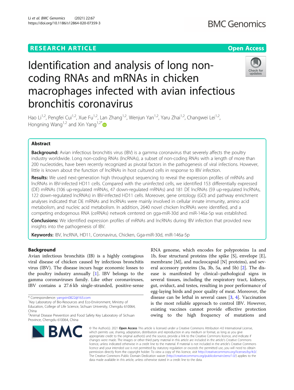 Identification and Analysis of Long Non-Coding Rnas and Mrnas in Chicken Macrophages Infected with Avian Infectious Bronchitis Coronavirus