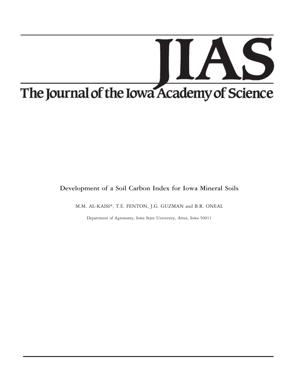 Development of a Soil Carbon Index for Iowa Mineral Soils