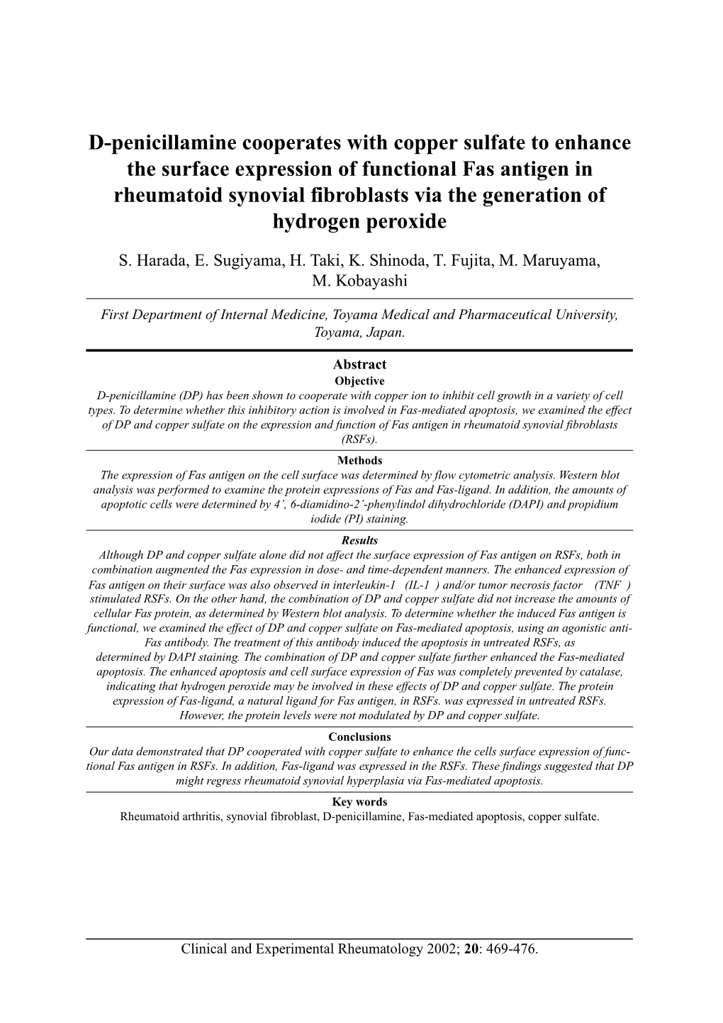 D-Penicillamine Cooperates with Copper Sulfate to Enhance the Surface Expression of Functional Fas Antigen in Rheumatoid Synovia