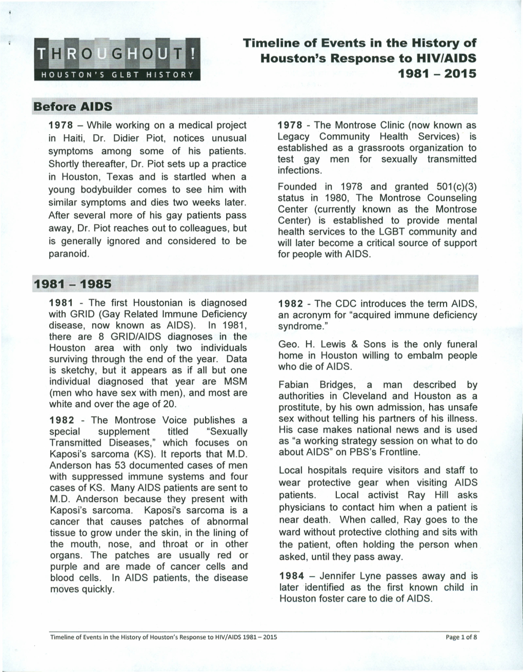 Timeline of Events in the History of Houston's Response to HIV/AIDS 1981 - 2015