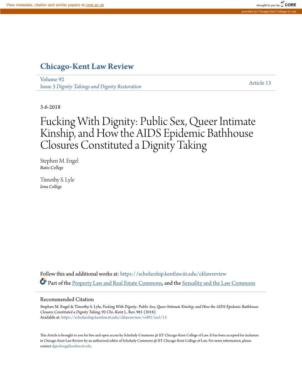 Public Sex, Queer Intimate Kinship, and How the AIDS Epidemic Bathhouse Closures Constituted a Dignity Taking Stephen M