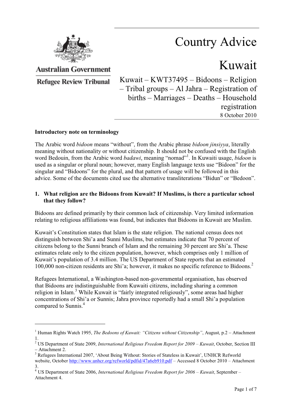 Country Advice Kuwait Kuwait – KWT37495 – Bidoons – Religion