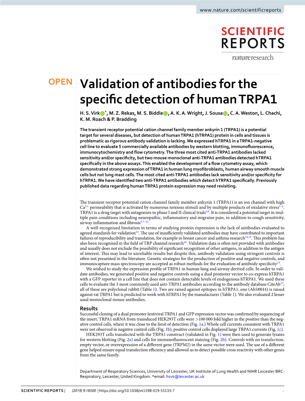 Validation of Antibodies for the Specific Detection of Human TRPA1