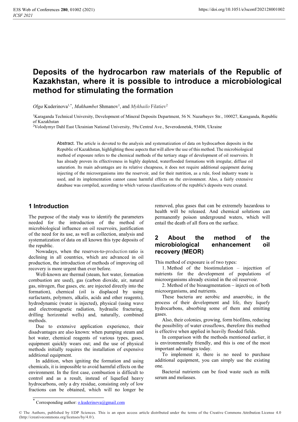 Deposits of the Hydrocarbon Raw Materials of the Republic of Kazakhstan, Where It Is Possible to Introduce a Microbiological Method for Stimulating the Formation