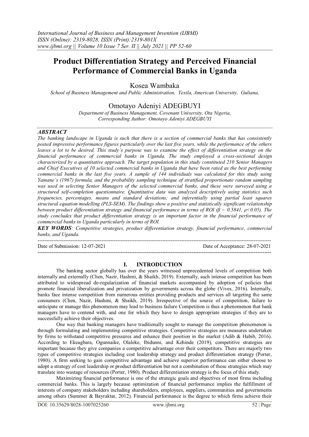 Product Differentiation Strategy and Perceived Financial Performance of Commercial Banks in Uganda