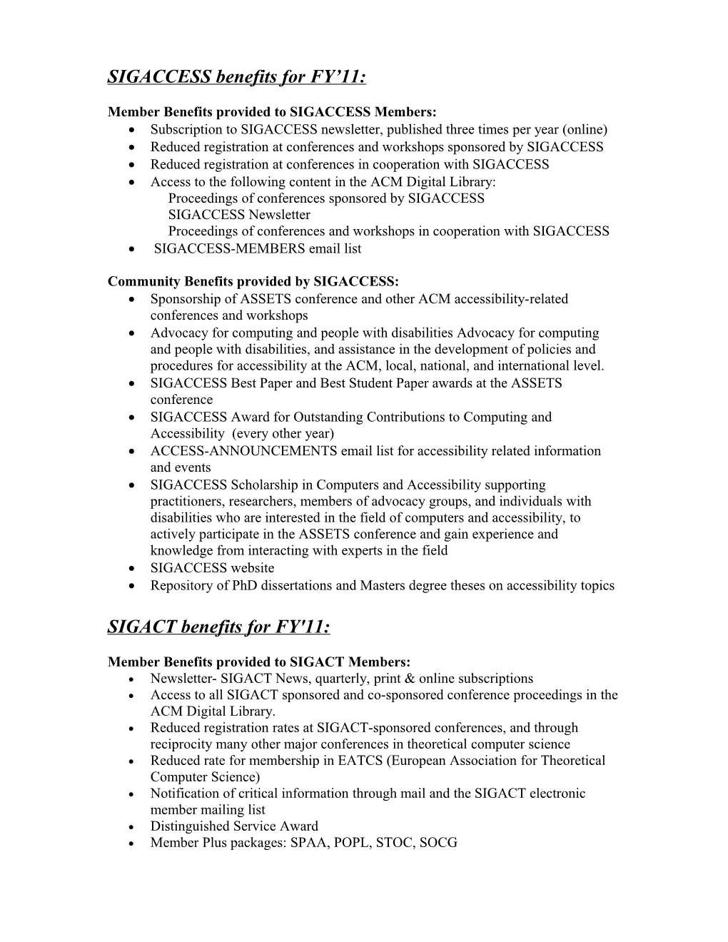 SIGPLAN Benefits for FY'08