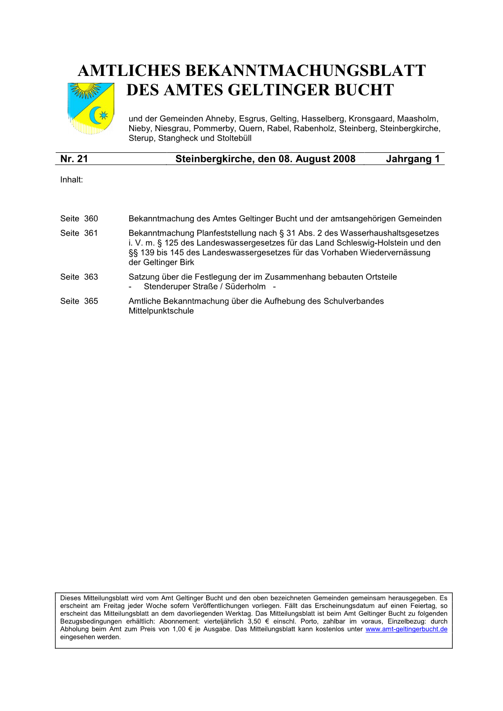 Amtliches Bekanntmachungsblatt Des Amtes Geltinger Bucht Nr. 21/2008
