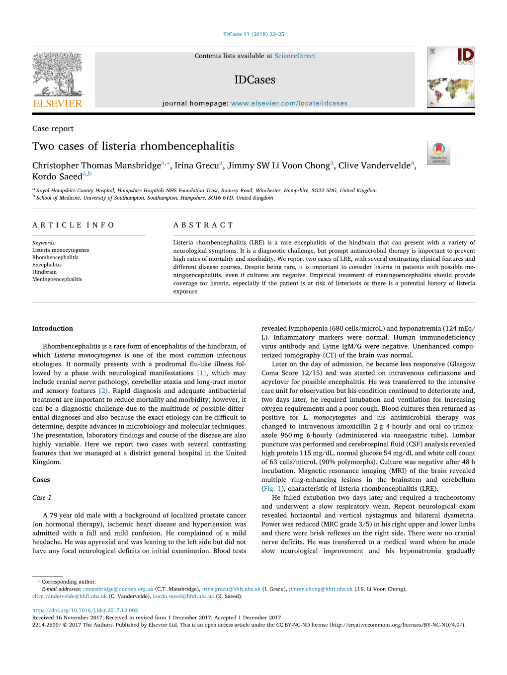 Two Cases of Listeria Rhombencephalitis