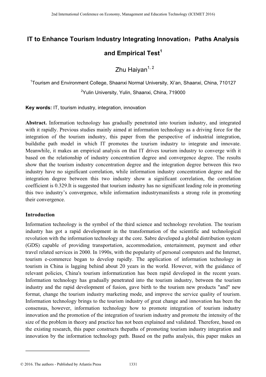 IT to Enhance Tourism Industry Integrating Innovation：Paths Analysis and Empirical Test