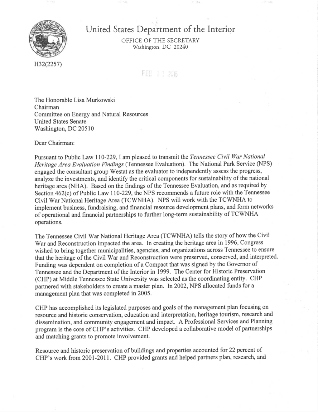 DOI Letter to Congress