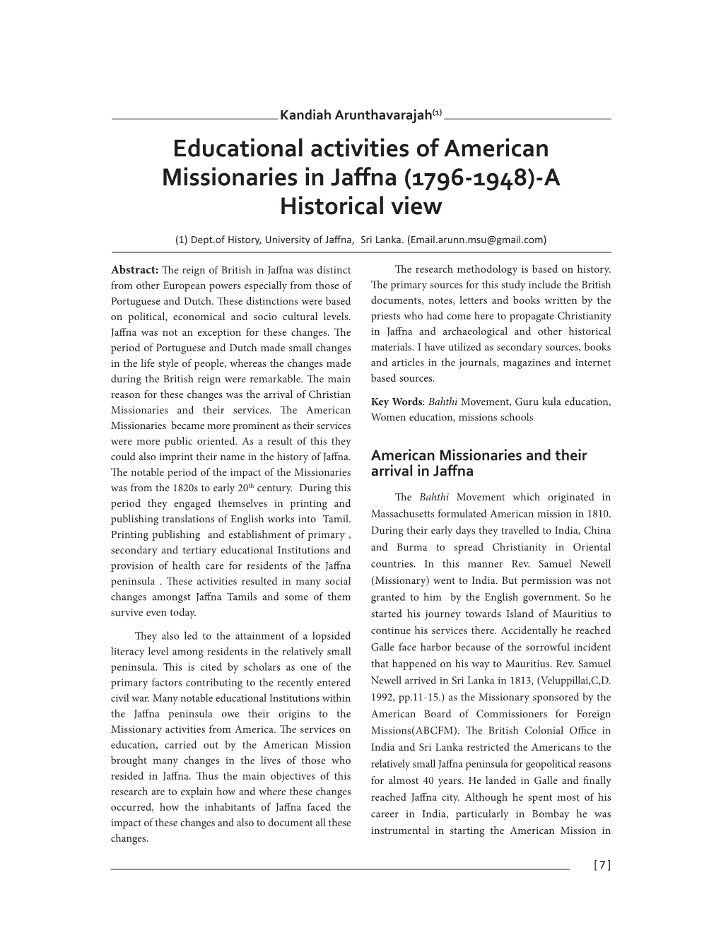 Educational Activities of American Missionaries in Jaﬀna (1796­1948)­A Historical View