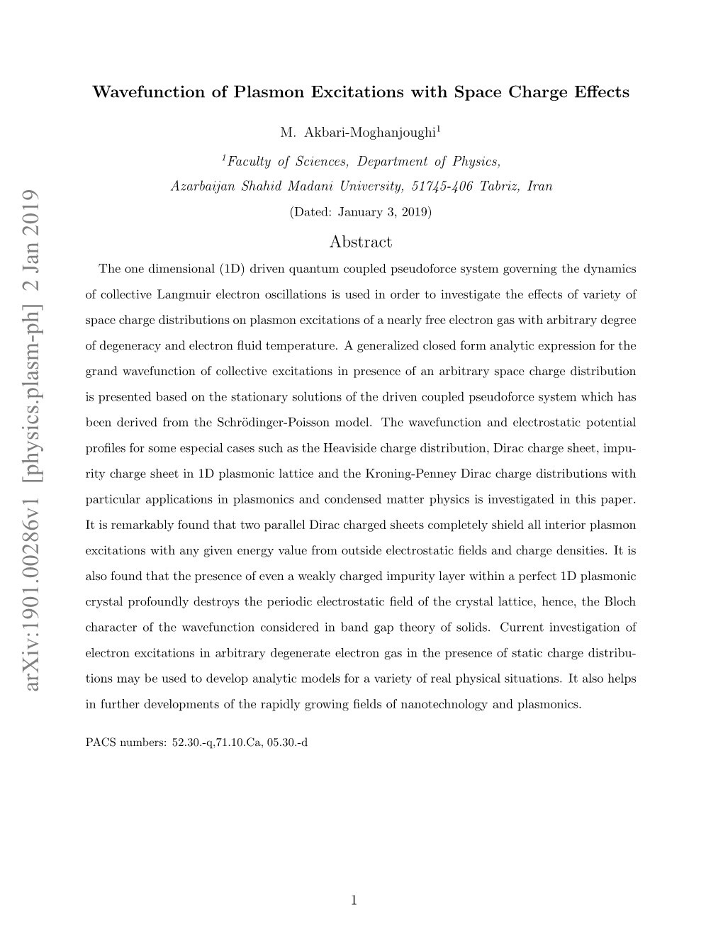 Wavefunction of Plasmon Excitations with Space Charge Effects