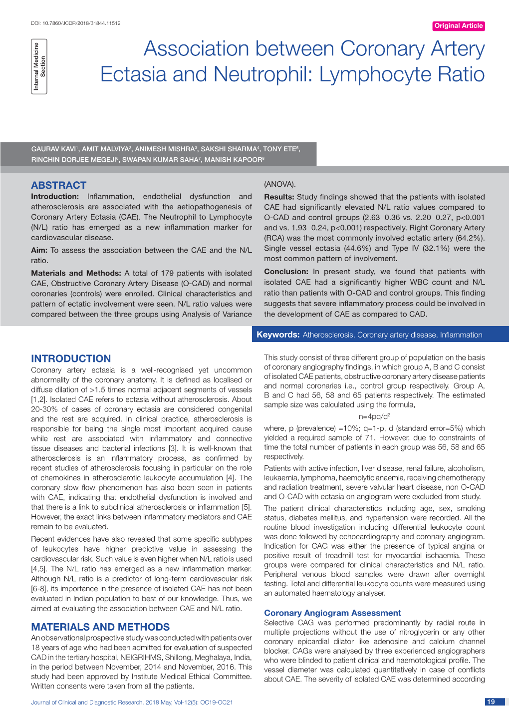 Association Between Coronary Artery Ectasia and Neutrophil:Lymphocyte Ratio