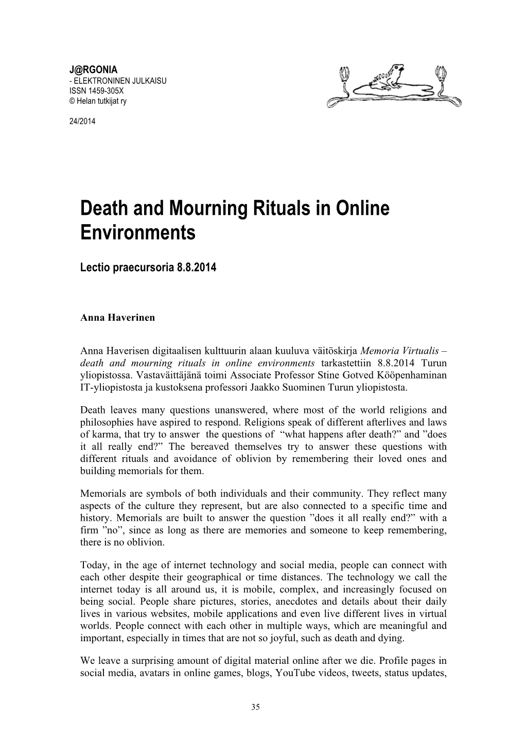 Death and Mourning Rituals in Online Environments