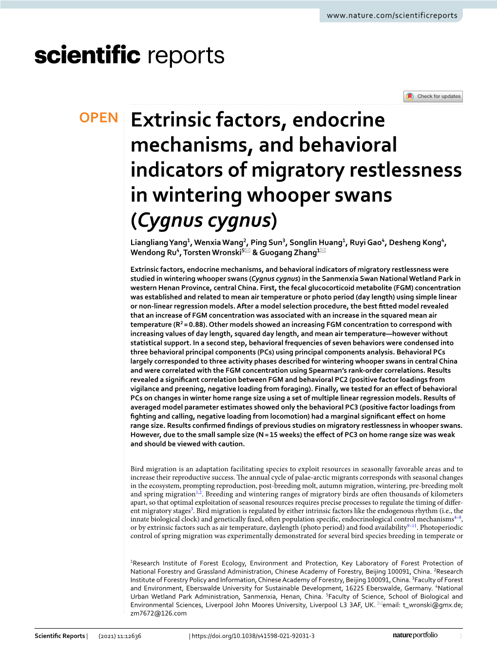 Extrinsic Factors, Endocrine Mechanisms, and Behavioral Indicators of Migratory Restlessness in Wintering Whooper Swans (Cygnus