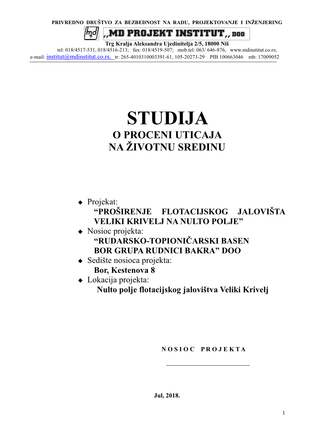 Studija O Proceni Uticaja Na Ţivotnu Sredinu