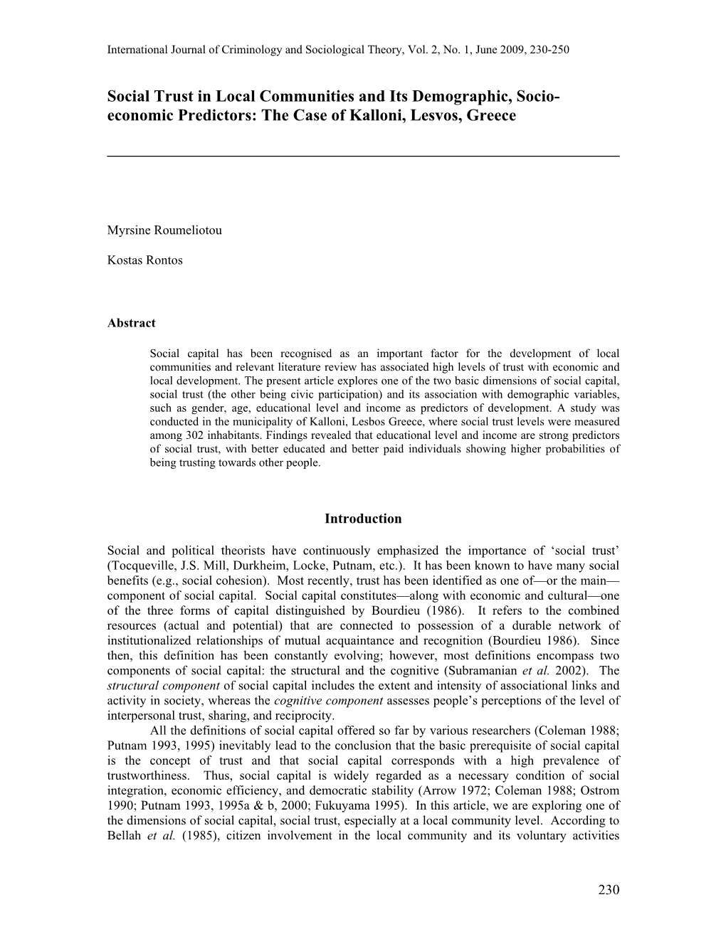 Social Trust in Local Communities and Its Demographic, Socio- Economic Predictors: the Case of Kalloni, Lesvos, Greece