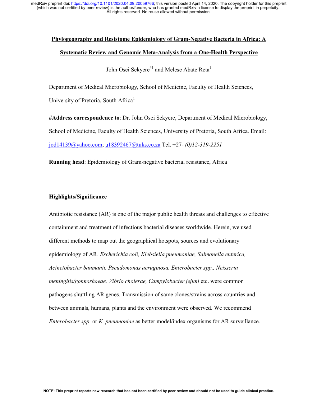 Phylogeography and Resistome Epidemiology of Gram-Negative Bacteria in Africa: A