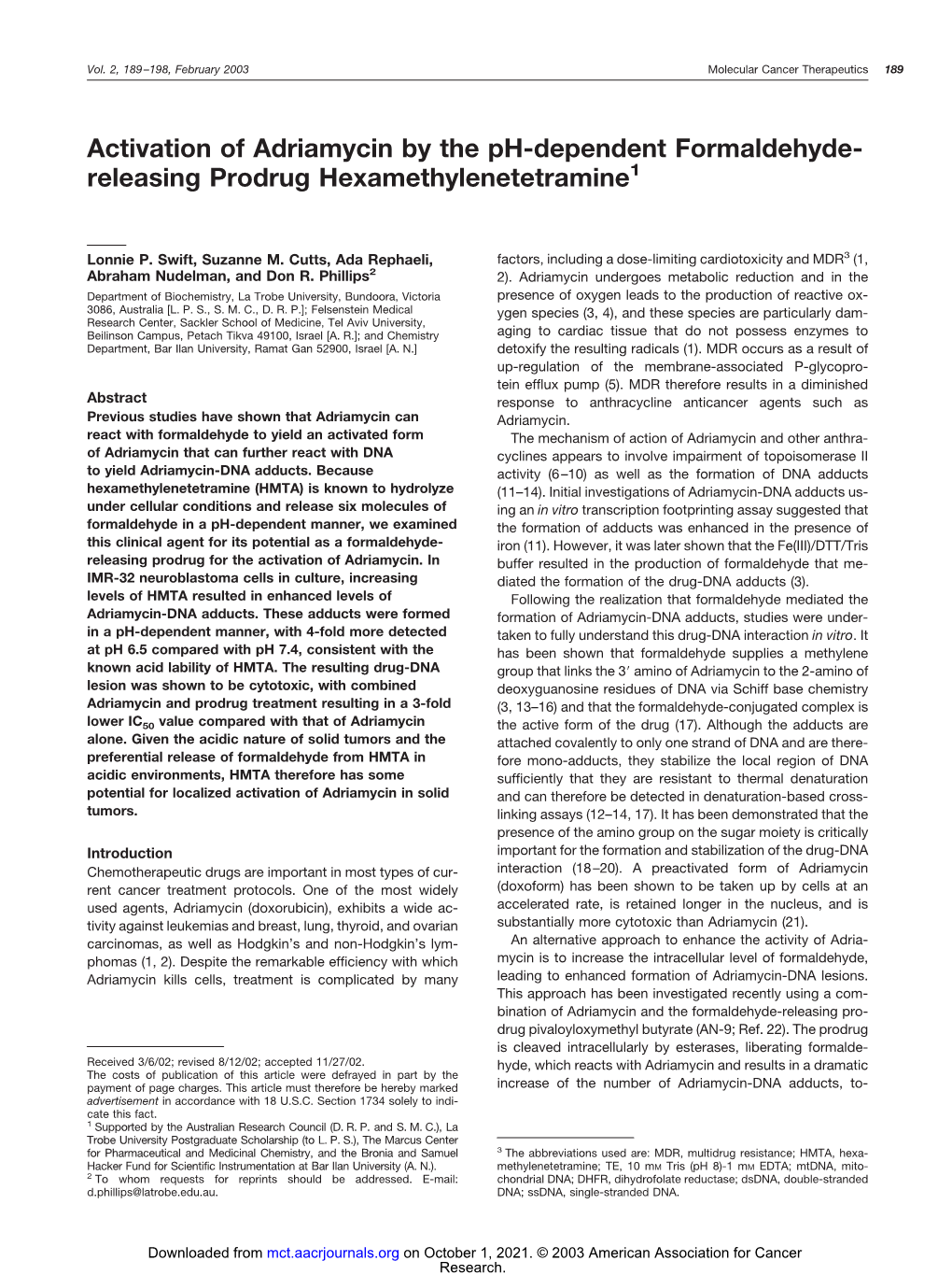 Activation of Adriamycin by the Ph-Dependent Formaldehyde- Releasing Prodrug Hexamethylenetetramine1