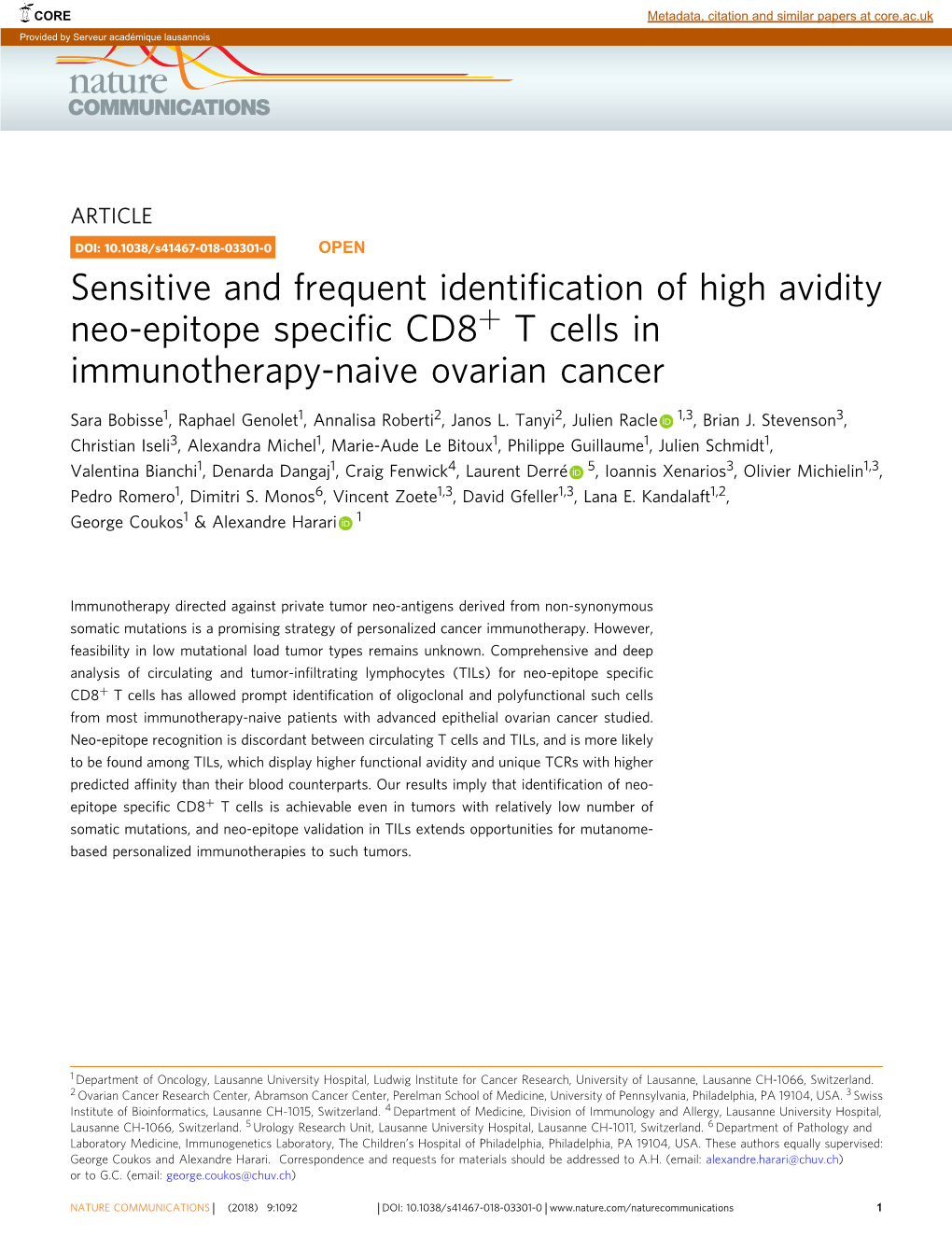 Sensitive and Frequent Identification of High Avidity Neo-Epitope Specific CD8+ T Cells in Immunotherapy-Naive Ovarian Cancer