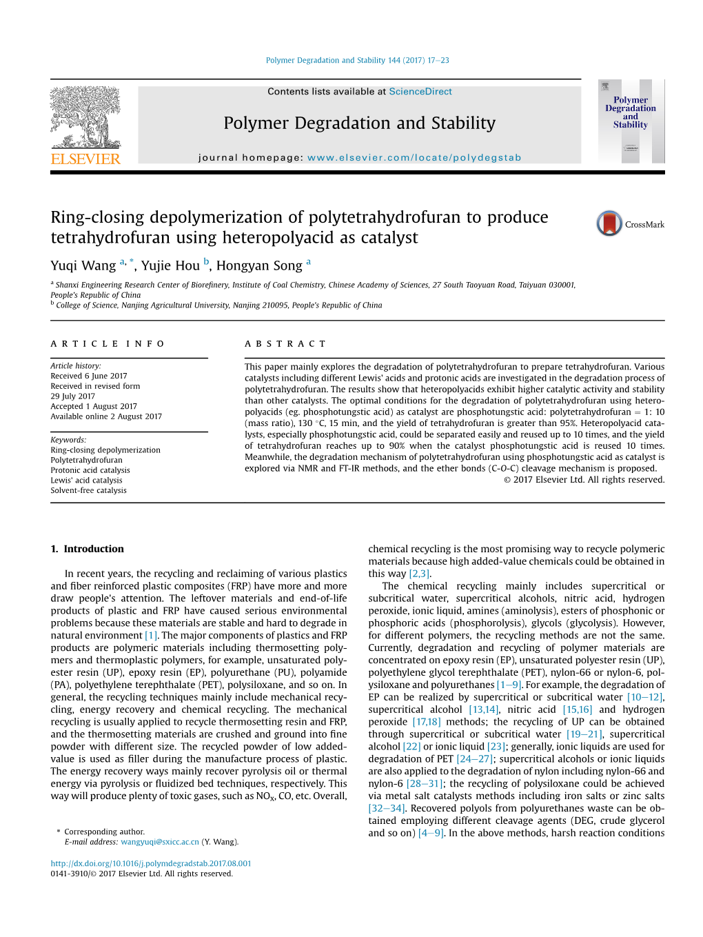 Ring-Closing Depolymerization of Polytetrahydrofuran to Produce Tetrahydrofuran Using Heteropolyacid As Catalyst