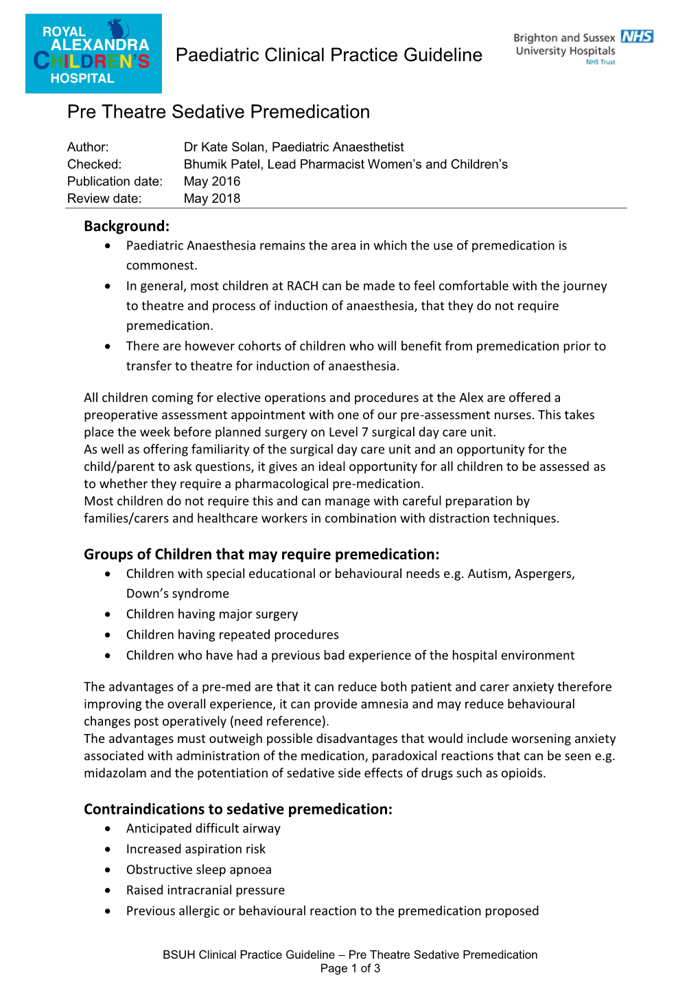 Paediatric Guidelines – Pre Theatre Sedative Premedication