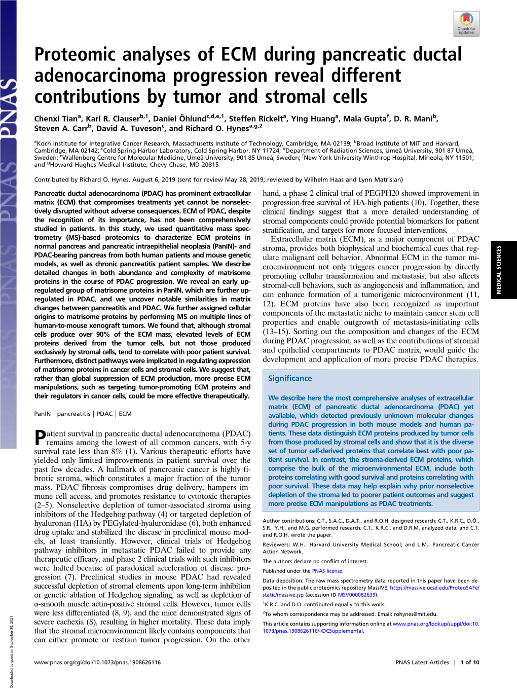 Proteomic Analyses of ECM During Pancreatic Ductal Adenocarcinoma Progression Reveal Different Contributions by Tumor and Stromal Cells