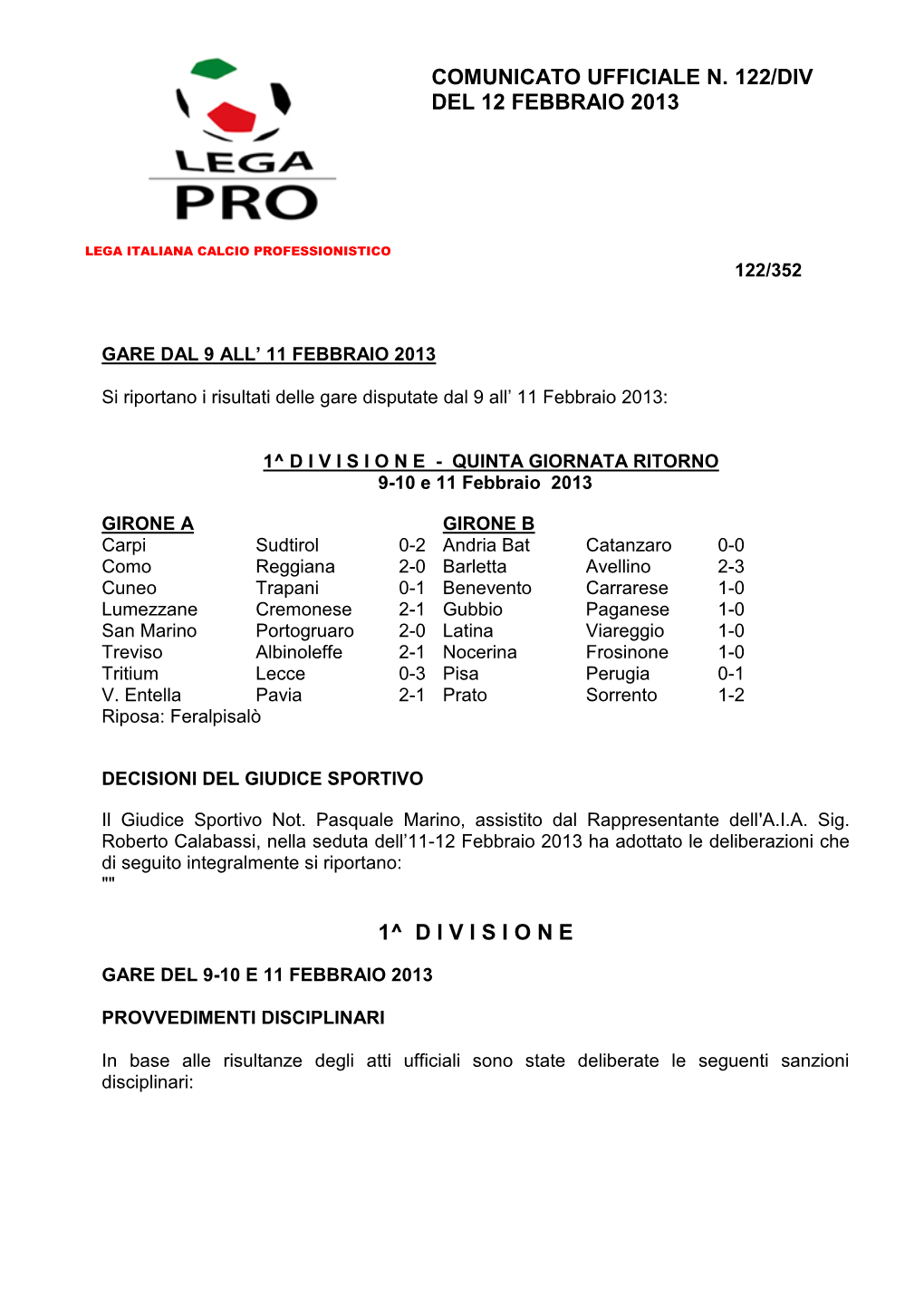 Comunicato Ufficiale N. 122/Div Del 12 Febbraio 2013 1