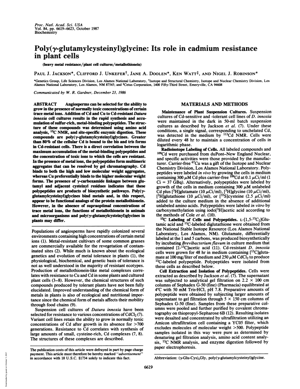 Glycine: Its Role in Cadmium Resistance in Plant Cells (Heavy Metal Resistance/Plant Cell Cultures/Metaothionein) PAUL J