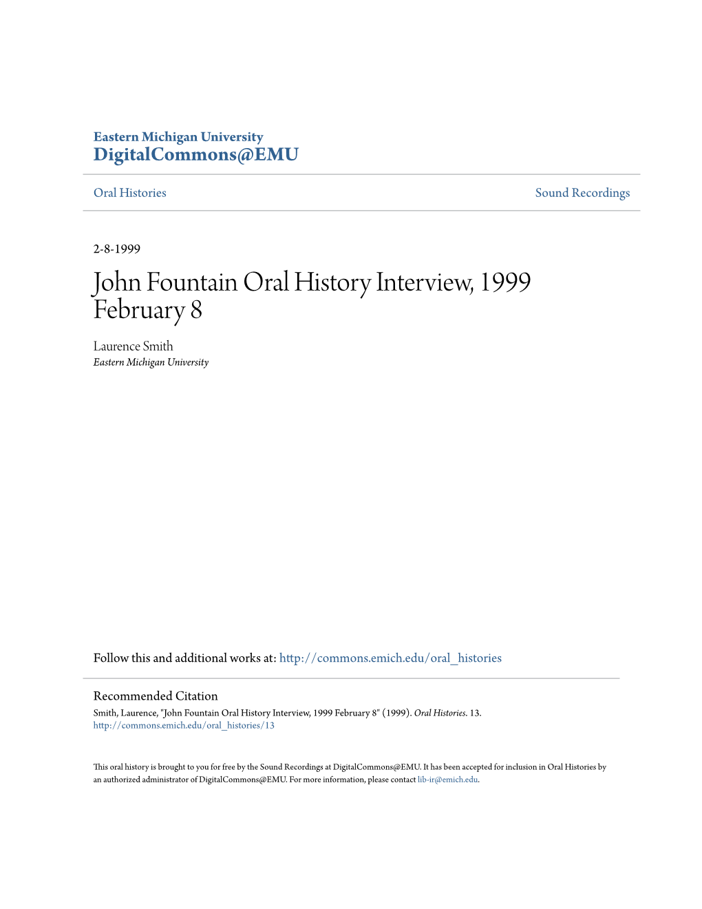 John Fountain Oral History Interview, 1999 February 8 Laurence Smith Eastern Michigan University