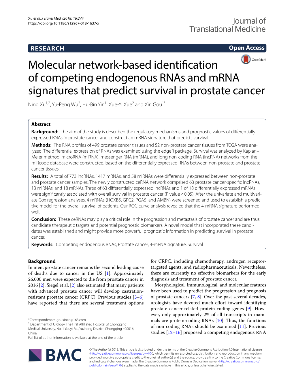 Molecular Network-Based Identification of Competing Endogenous Rnas and Mrna Signatures That Predict Survival in Prostate Cancer