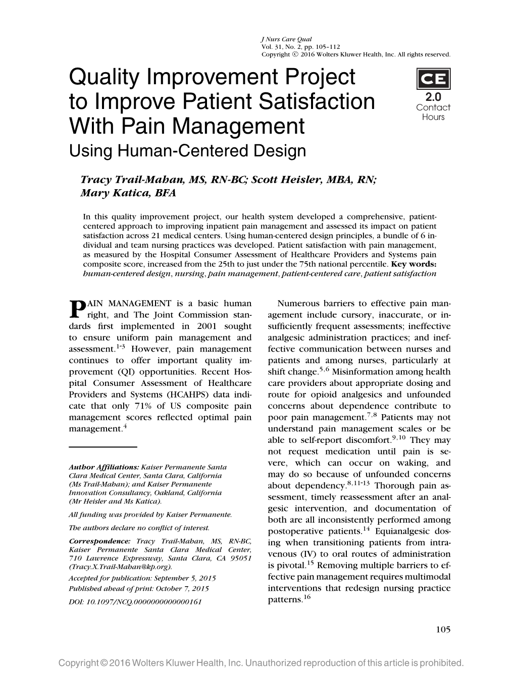 Quality Improvement Project to Improve Patient Satisfaction with Pain Management Using Human-Centered Design